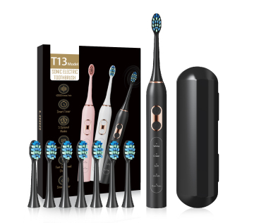 Advanced Oral Health Bundle: T13 Electric Toothbrush with 8 Ultrasonic Vibration Brush Heads, Travel Case, IPX7 Waterproof, Medium