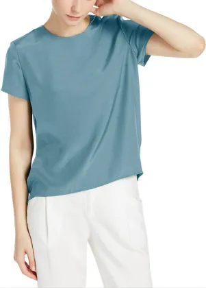 Silk Shirt Blouse Short Sleeve Casual Round Neck