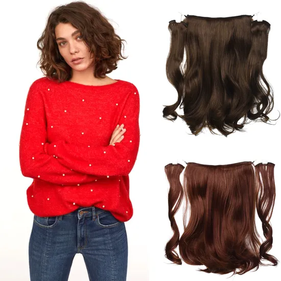 Cheap Silky Women 18Inch Black Brown Soft Wavy 9 Clips Piece Invisible Wire Three Hairpieces Fish Line Synthetic Hair Extensions