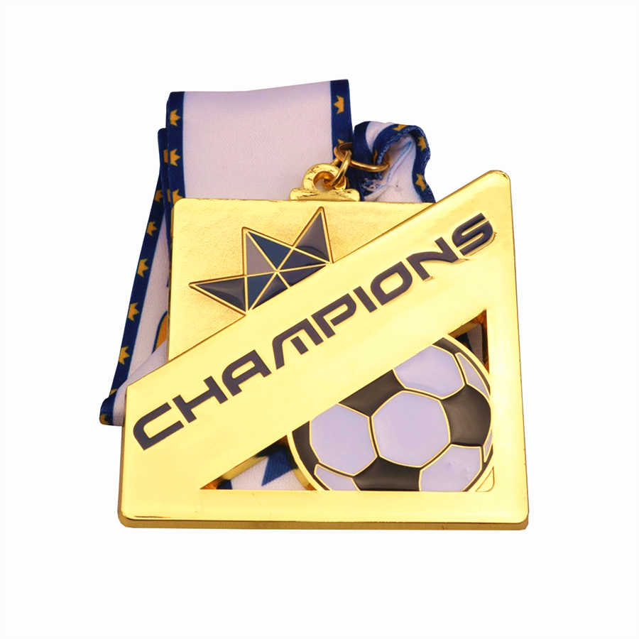 Square gold metal soccer champions medal