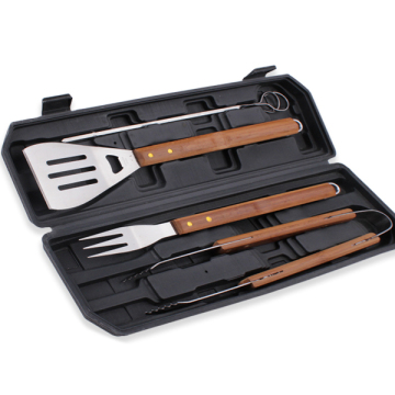 Houten handgreep BBQ -gereedschapset met plastic behuizing - 5 stks