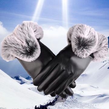 Women Winter Gloves: Faux Rabbit PU Leather Touch Screen Mittens for Outdoor Driving and Warmth