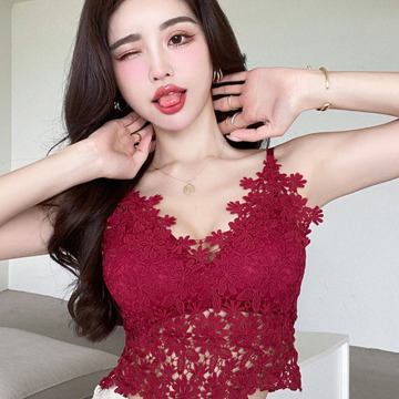 Sexy Pink Lace Crop Tops and Floral Wireless Bra for Women
