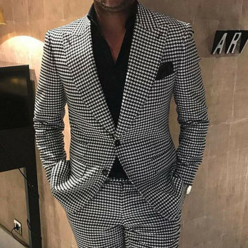 Fashion Mens Black White Houndstooth Tweed Suits Slim Fit Two Button Groom Prom Wear Wedding Tuxedos 2 Pieces