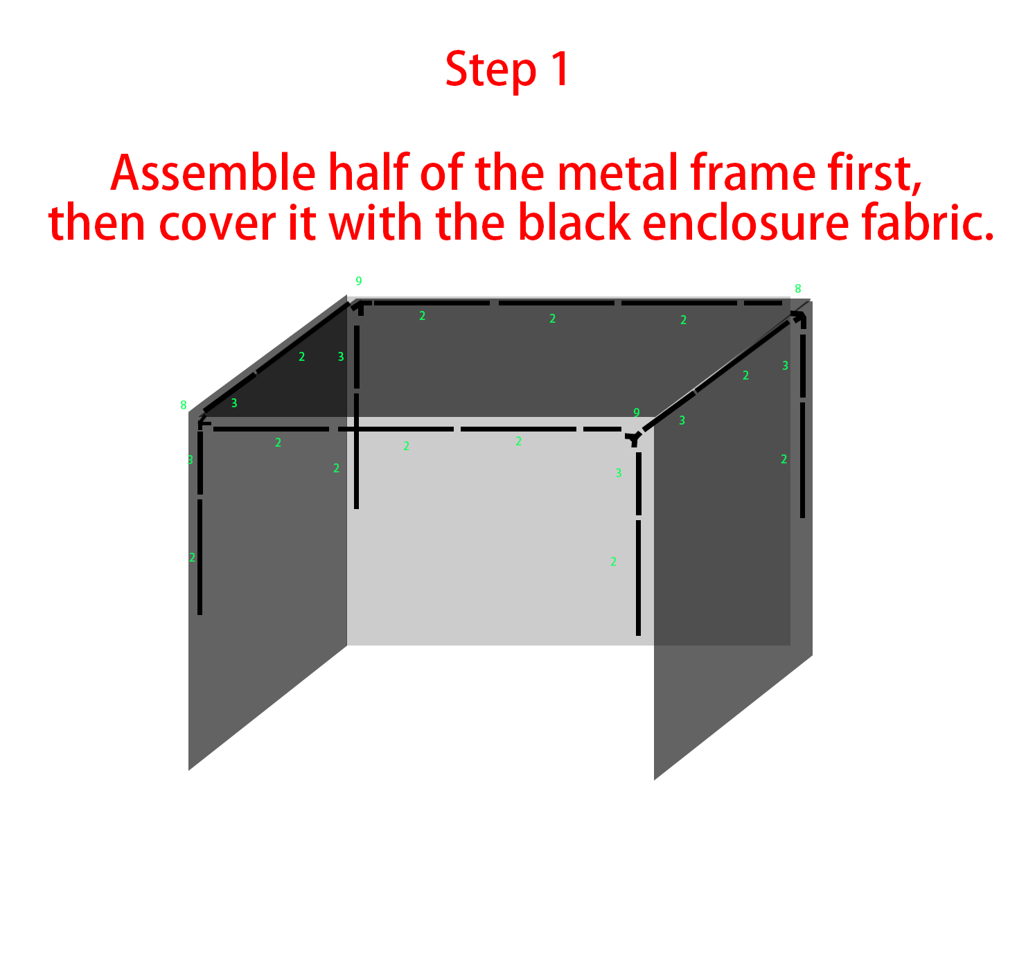 Golf simulator enclosure half frame assembly with fabric installation