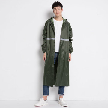 Army Green Mens Long Waterproof Raincoat with Hood and PVC Oxford Fabric