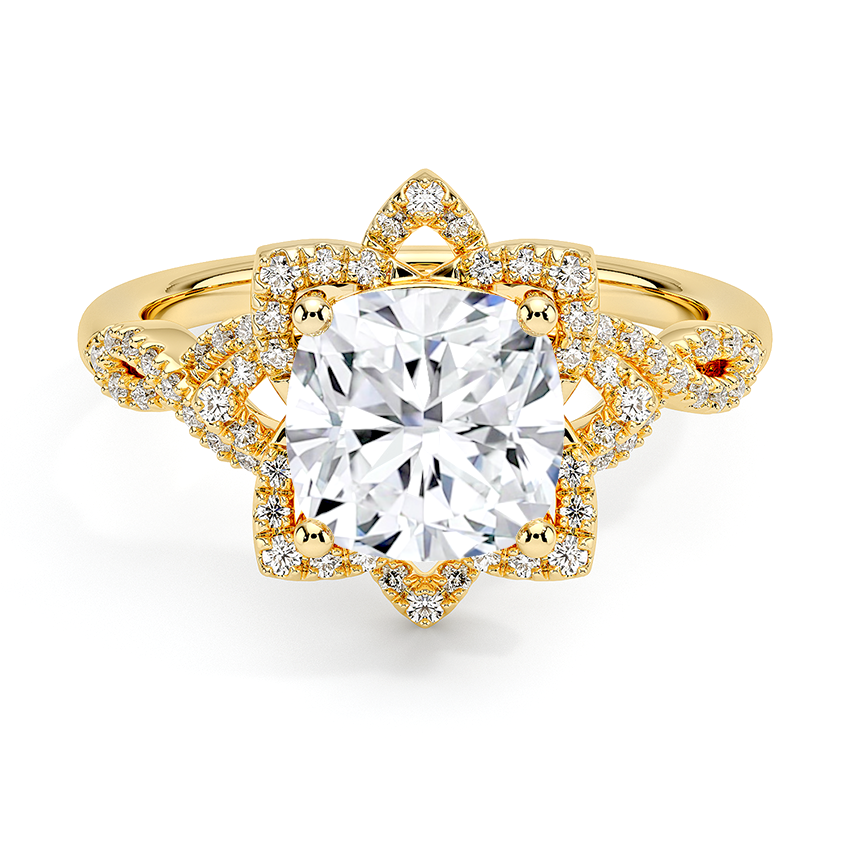 Top View ng 18K Yellow Gold Cushion Cut Lab Grown Diamond Floral Halo Twisted Ring