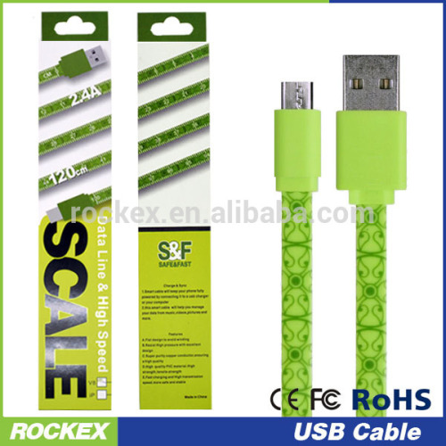 High quality 2.4A ruler design micro usb cable pvc flat noodle usb cable for android mobile