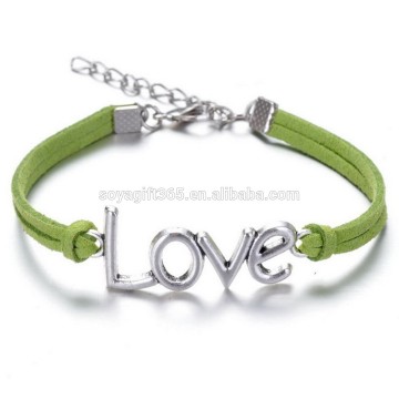 2PCs Silver Plated Love Faux Suede Leather Cord Charm Bracelets