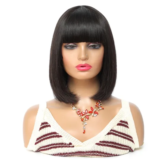 14 Short Bob Wigs Brazilian Human Hair  With Bangs 100% Remy  None Lace Front  Machine Made Wigs For black Women