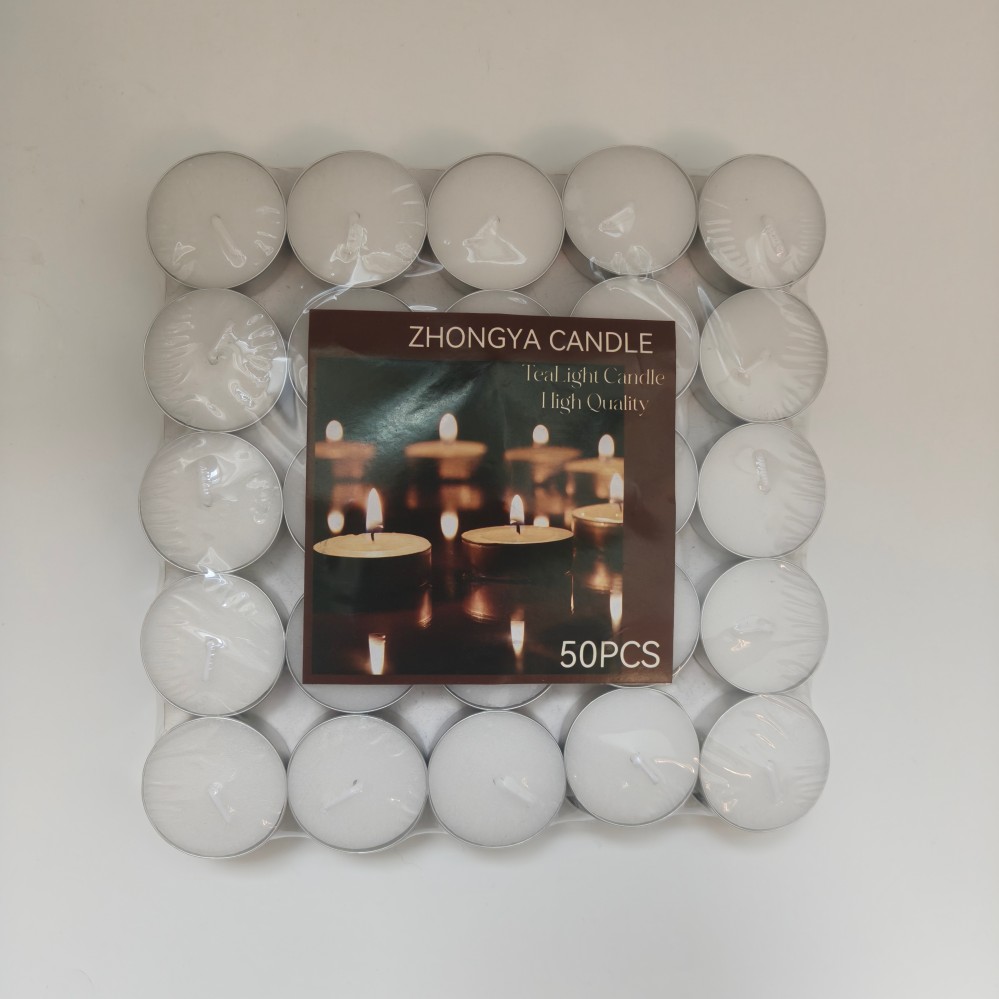 White tea light candle designed for supermarkets and retail chains.