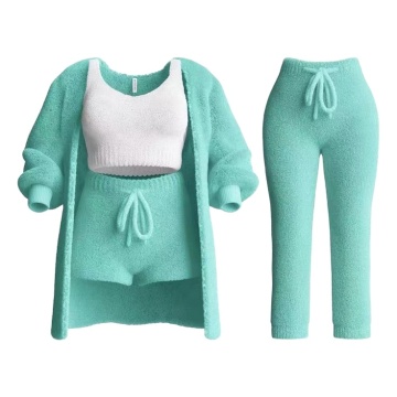 Custom Fuzzy 4-Pc Pajama Set: Knit Hooded Cardigan & Crop Top Shorts