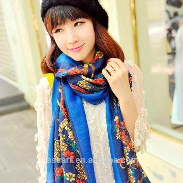 100% Polyester women scarf printed big long towel scarf Shawl blue