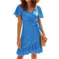 Women's Summer Wrap V Neck Print Ruffle Dress