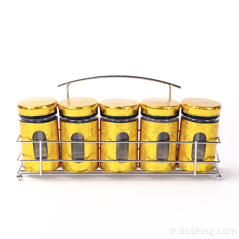 Deluxe Tuhao Gold Beş Parça Baharat Kavanozları Seti, Tuz ve Biber Kavanozları Kapasitesi 150ml