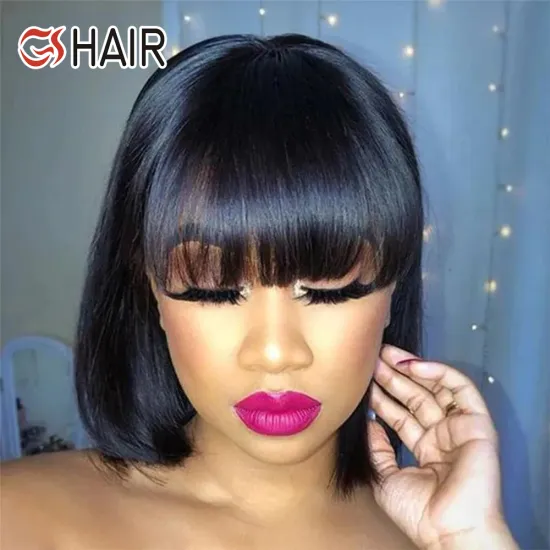 GS Natural Short Bob Lace Wig with Bangs - Bone Straight Brazilian Remy Human Hair Wig for Women
