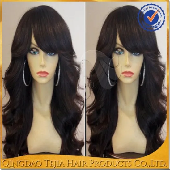 Hot selling super wave glueless full lace virgin brazilian hair wigs with bangs