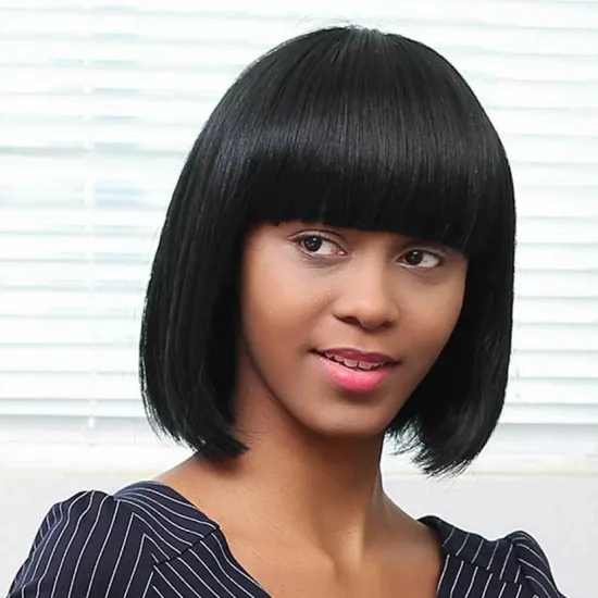 100% natural black short bob wig with bangs for black women, brazilian virgin remy straight human hair fringe bob style cut wig