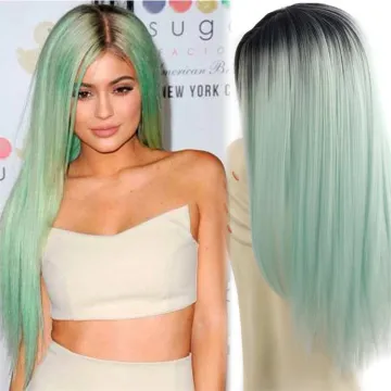 Vigorous Synthetic Wigs Long Straight Ombre Cosplay Costume Wig Heat Resistant Fiber Mint Green Full Wigs for Women