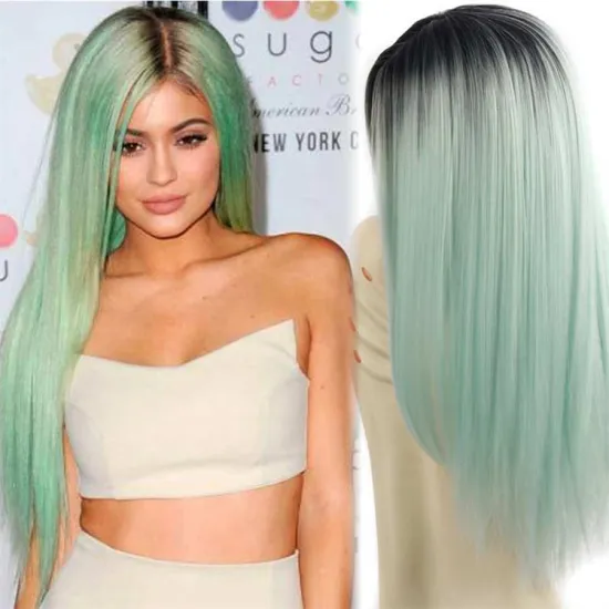 Vigorous Synthetic Wigs Long Straight Ombre Cosplay Costume Wig Heat Resistant Fiber Mint Green Full Wigs for Women