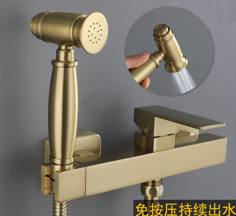 Toilet Brass Brushed Handheld Bidet Spray Shattaf + Hot & Cold Water Valve Mixer with Holder sprayer Jet Tap Douche kit