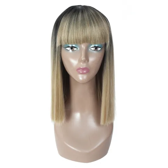 Medium Yaki Straight Synthetic Wigs with Blunt Bang For Women Ombre Color Synthetic Fiber Wigs with MONO Web Topside 14 inches
