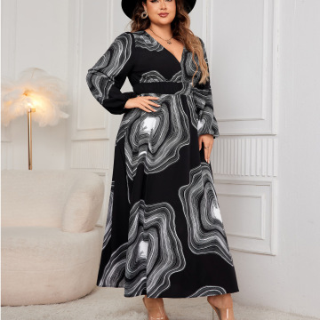 High Quality Plus Size Long Sleeved V-Neck Dress with High Waist Mid Length Skirt - OEM