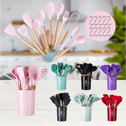 11-Piece Silicone Kitchenware Set with Wooden Handles - High Temperature Cooking Utensils