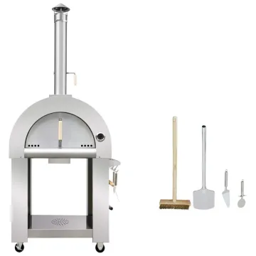 Freestanding stainless steel wood fired outdoor pizza oven with stone floor
