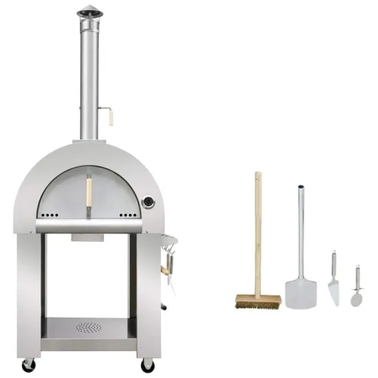 Freestanding stainless steel wood fired outdoor pizza oven with stone floor