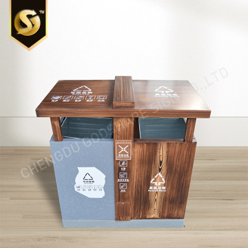 Outside Waterproof Dual Wooden Garbage Trash Can Bins