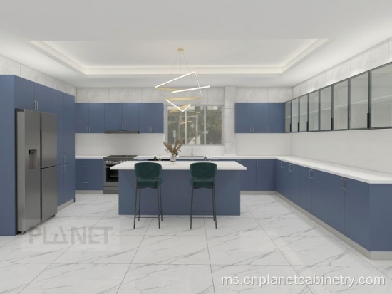 Dinding gunung laminate biru kabinet dapur Amerika moden