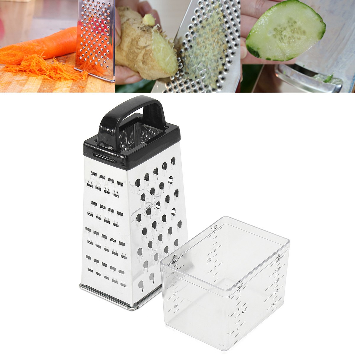 Kitchen Stainless Steel 4 Sided Blades Cheese Vegetables Grater Carrot Cucumber Slicer Cutter Box Container Black/White Random