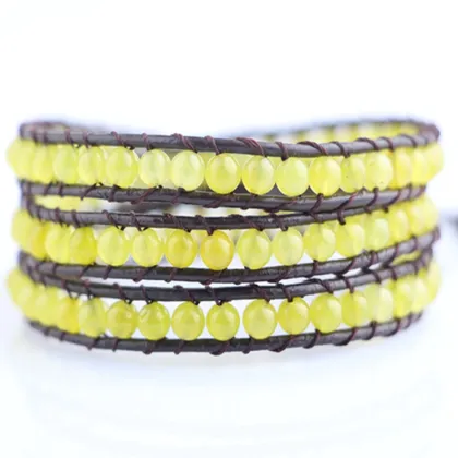 Xmas gift nice accessories 4mm round shape yellow jade gemstone bead wrap bracelet for women