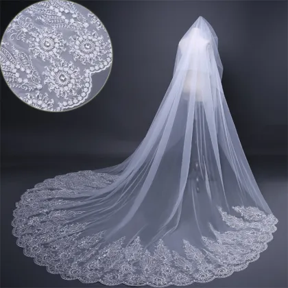 EU Trailing Wedding Veil with Sequins Lace and Diamond Bridal Veil