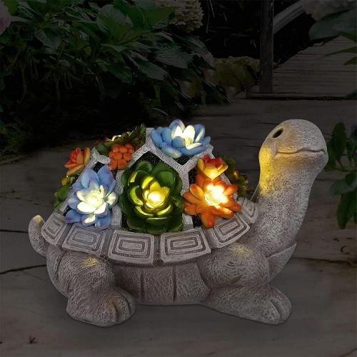 Solar Turtle Figurine with Succulent