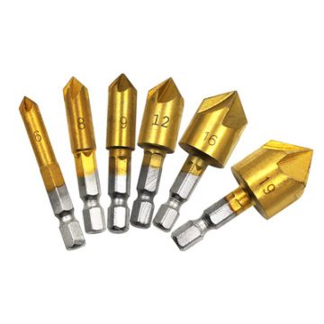 6-Piece High-Speed Steel (HSS) Countersink and Chamfer Bit Set with 5 Flutes and 90-Degree Drilling Bits