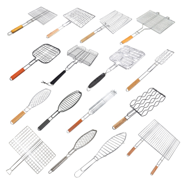 Custom Steel Bbq Square Grilling Basket Steak Shrimp Barbecue Tool Kits Wood Handle Bbq Grill Basket Set For Fish Vegetable