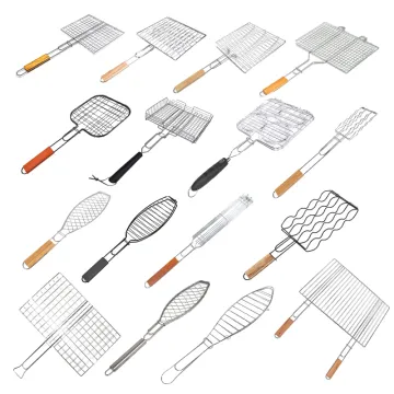 Custom Steel Bbq Square Grilling Basket Steak Shrimp Barbecue Tool Kits Wood Handle Bbq Grill Basket Set For Fish Vegetable