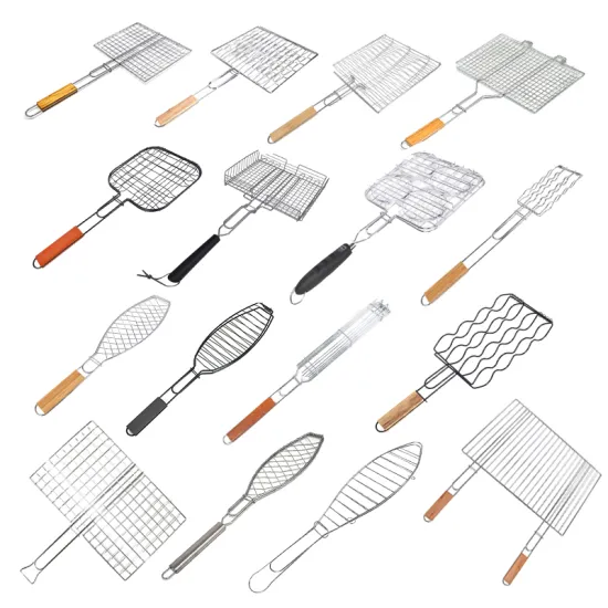 Custom Steel Bbq Square Grilling Basket Steak Shrimp Barbecue Tool Kits Wood Handle Bbq Grill Basket Set For Fish Vegetable