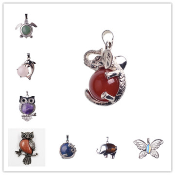 12pcs Assorted Antique Silver Mixed Style Charms Gemstone Pendants Turtle Owl Animals Shape Healing Chakra Beads Crystal