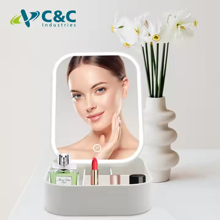 C&C 2024 Hot Selling Folding Makeup Organizer with Storage Box and LED Touch Screen Mirror