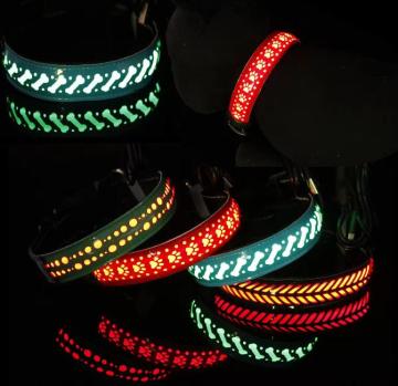 Embossed PU leather LED light collar USB charging glowing flashing rechargeable luminous dog collar