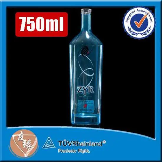 Empty Cork Top High Flint Glass Decaled Blue Vodka Glass 750ml