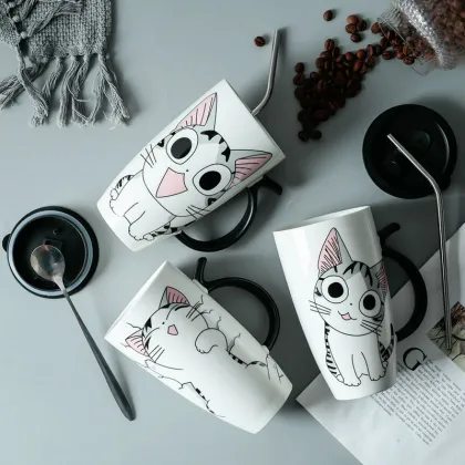 650ML Cartoon Mug with Lid - Ceramic Breakfast Milk Tea Cup