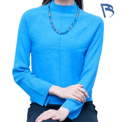 Klein Blue Vertical Rib Mock Neck Knit Top