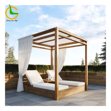 Outdoor Beach Sun Lounger with Curtain - Pool Day Bed & Hotel Reclining Teak Lounge Chair