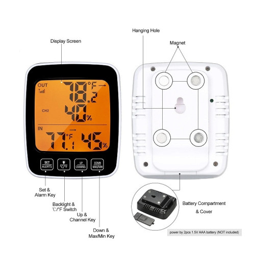 big LCD Digital Thermo-Hygrometer with outdoor sensor and clock