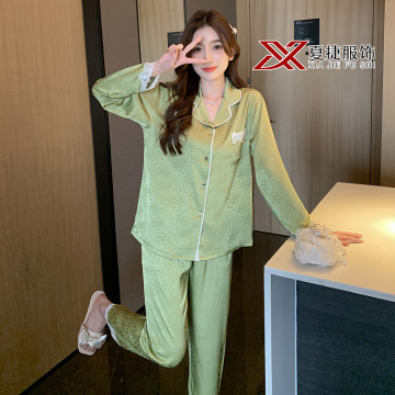Chic Green Jacquard Pajama Set with Long Sleeves