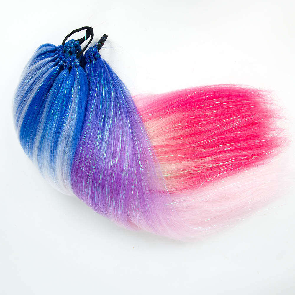Alileader 110g Multi Colors Highlight Silk Hair Tinsel Straight Kids Ponytail Braids Extension With Elastic Rubber Band